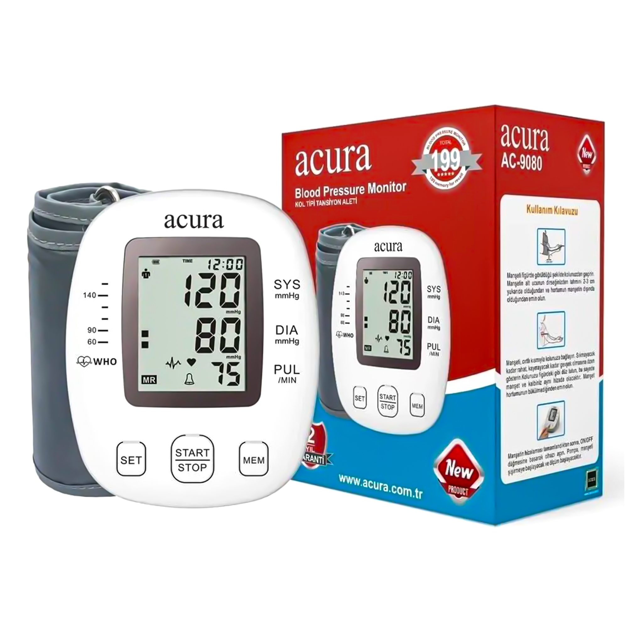 AcuraAc-9080 199 Hafızalı Tam Otomatik Koldan Ölçer Tansiyon Aleti Çanta Hediyeli