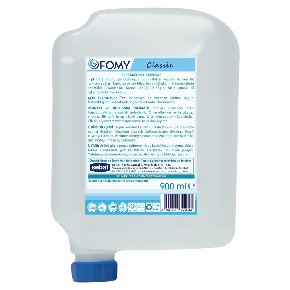 Classic Köpük Sabun 900ml 12li Koli, TSE Belgeli, Demartolojik Raporlu 