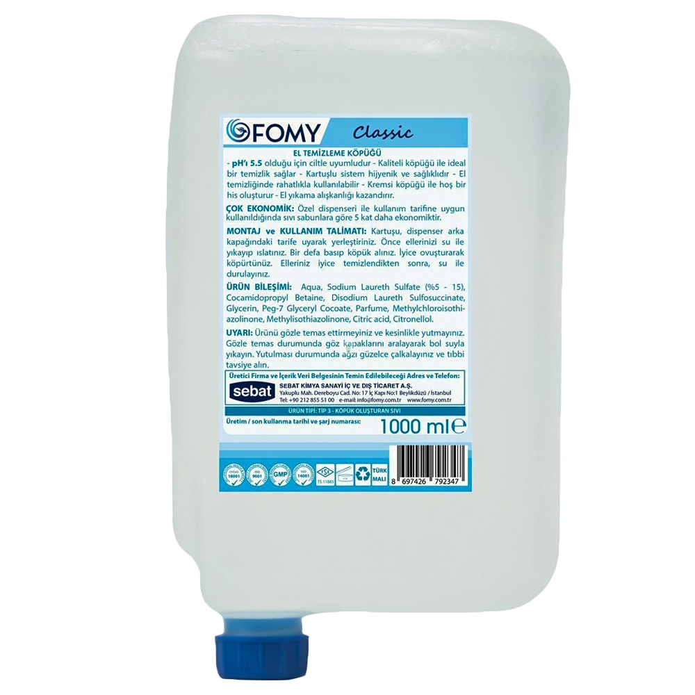 Classic El Temizleme Köpüğü, 1000 ml Kartuş 12’li Koli, TSE Belgeli, Dermatolojik Raporlu