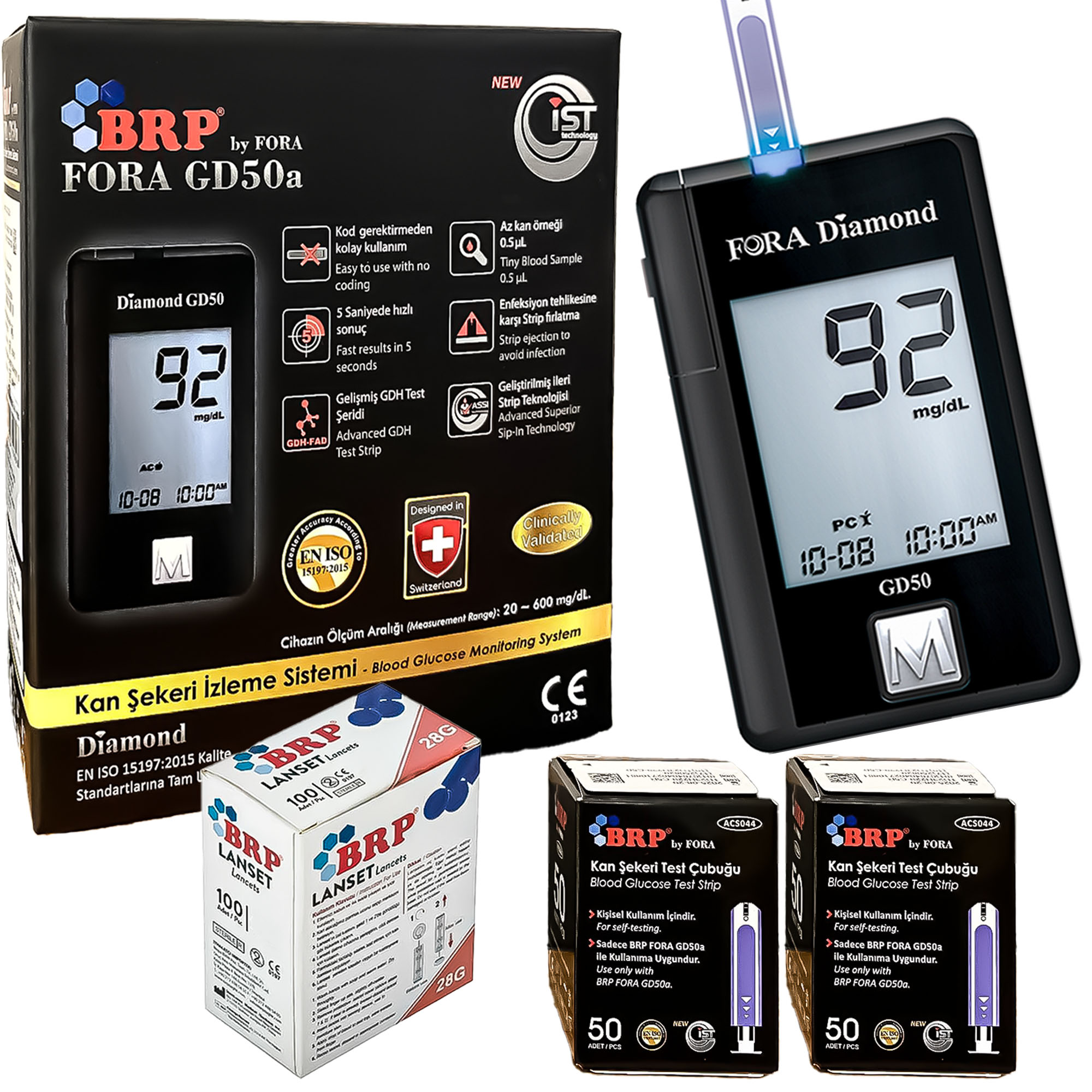 Fora GD50 şeker ölçüm cihazı, 100adet strip, 100 adet lancet