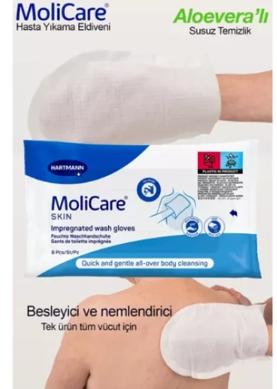 Molicare, Hasta Yıkama Eldiveni, Perine Bölgesi ve Tüm Vücut Yıkama, 8li 1 Paket, Aloevera’lı