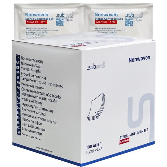Submed Nonwoven Steril Gaz Kompres, 4 Katlı 5’li Paket, 7,5x7,5cm, 100 Adet
