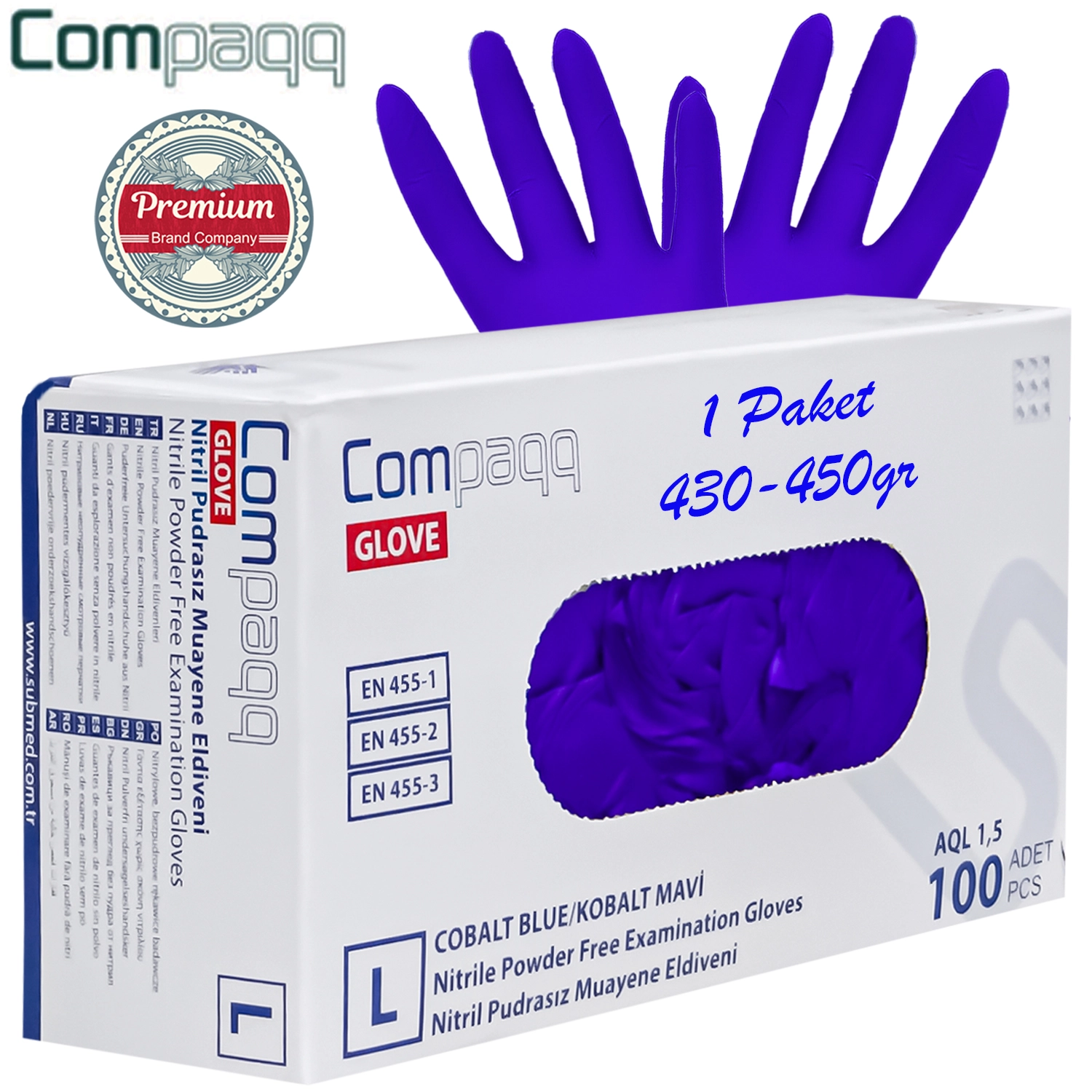 Compaqq, Nitril eldiven, premium, Large, 1000 adet 10x100 lü Kutu, 430gr Paket