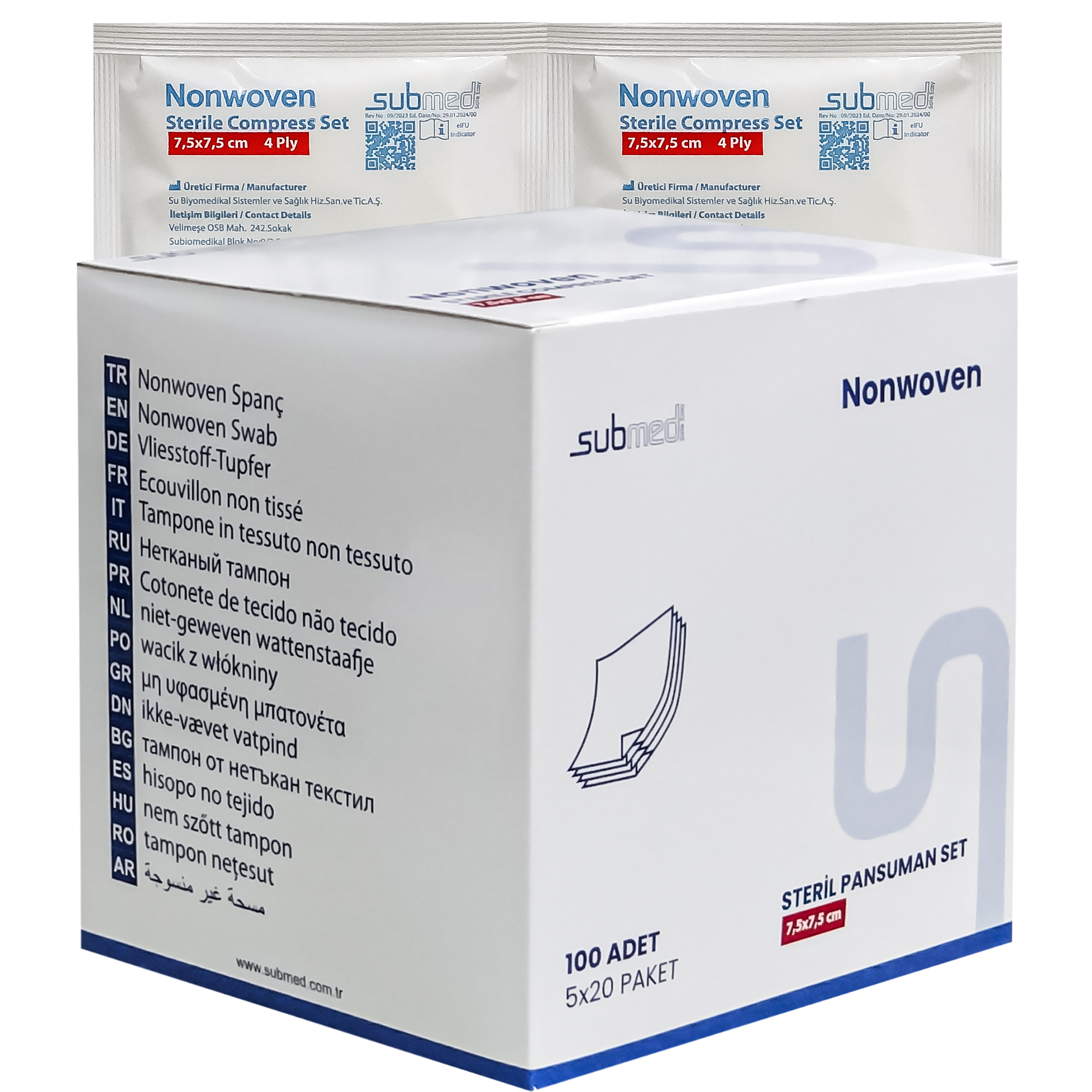 Nonwoven Steril Gaz Kompres, 4 Katlı 5’li Paket, 7,5x7,5cm, 100 Adet