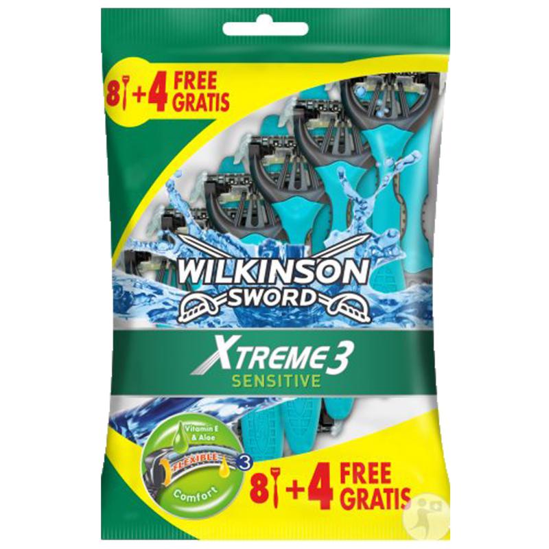Wilkinson Sword Xtreme 3 Sensitive 8+4, Men’s Razor, Alman Çeliği, Ekonomik Poşet